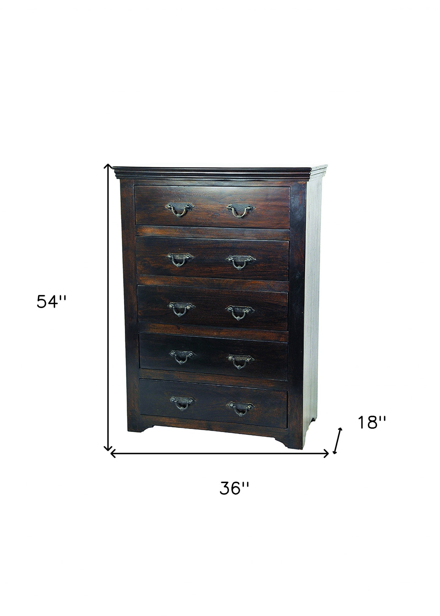 36" Brown Solid Wood Five Drawer Dresser