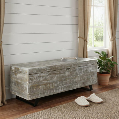 46" Gray and Black Distressed Solid Wood Storage Bench with Flip Top