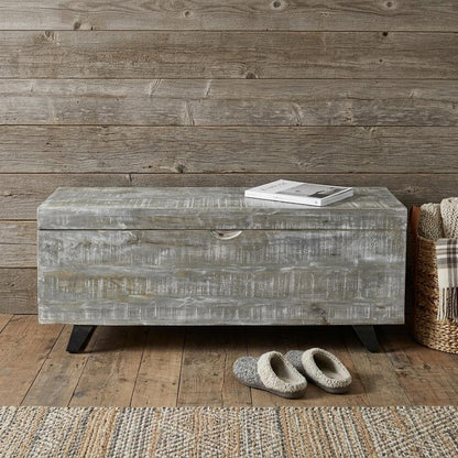 46" Gray and Black Distressed Solid Wood Storage Bench with Flip Top
