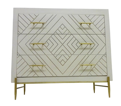 38" Ivory Carved Geometric Solid Wood Three Drawer Dresser