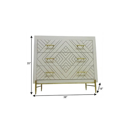 38" Ivory Carved Geometric Solid Wood Three Drawer Dresser