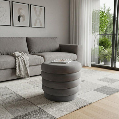 21" Gray Velvet Tufted Round Cocktail Ottoman