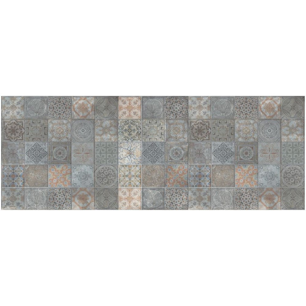 Horizontal mosaic of square ceramic tiles in blue, gray, and beige with ornate patterns for vintage backsplash or floor.