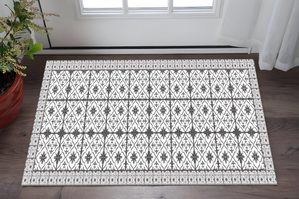 2' X 5' Dark Gray And White Tile Printed Vinyl Area Rug with UV Protection