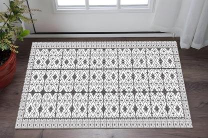2' X 5' Dark Gray And White Tile Printed Vinyl Area Rug with UV Protection