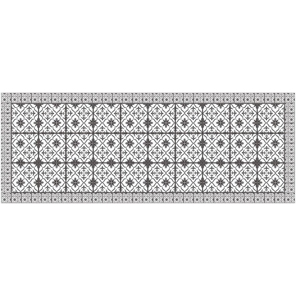 2' X 5' Dark Gray And White Tile Printed Vinyl Area Rug with UV Protection