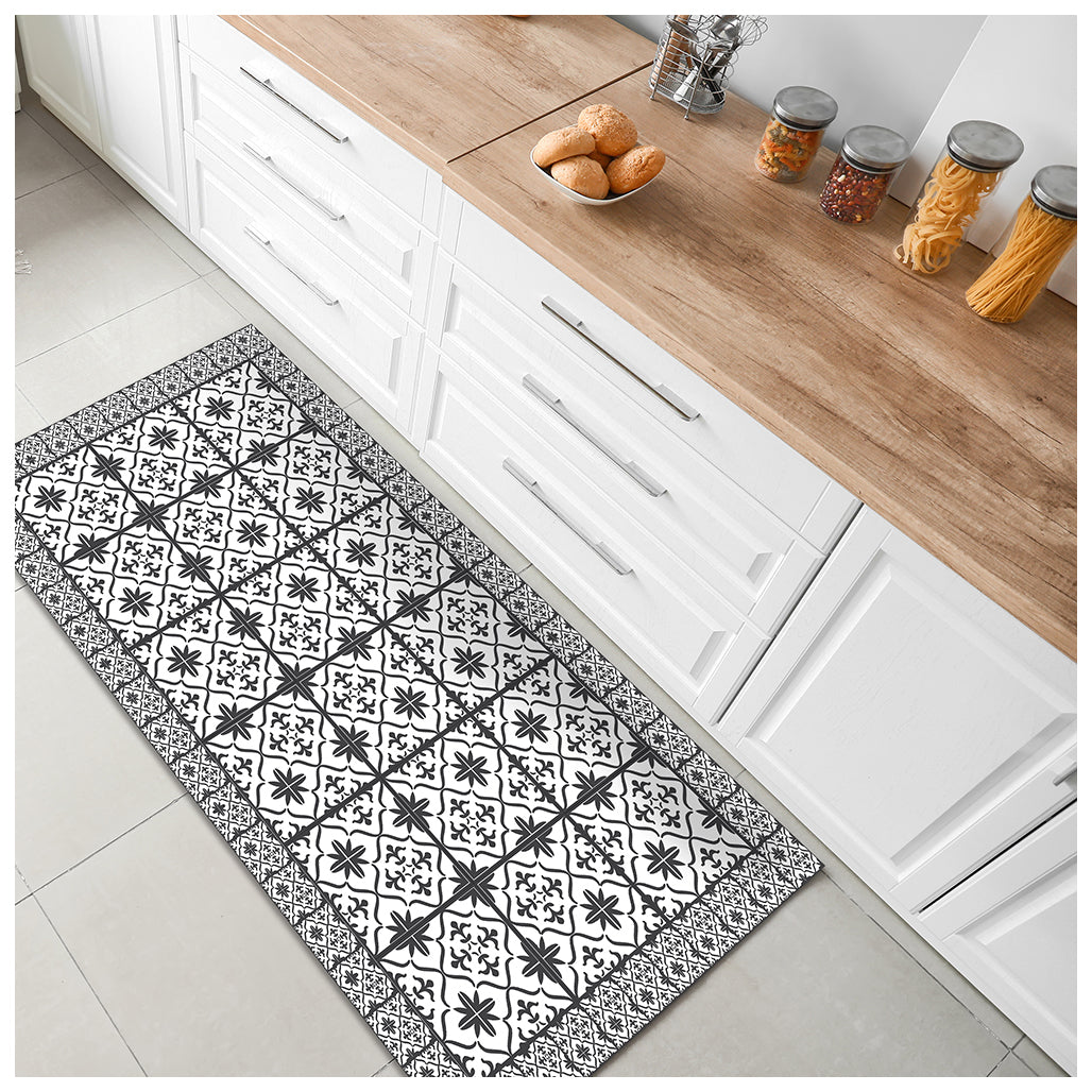 2' X 5' Dark Gray And White Tile Printed Vinyl Area Rug with UV Protection