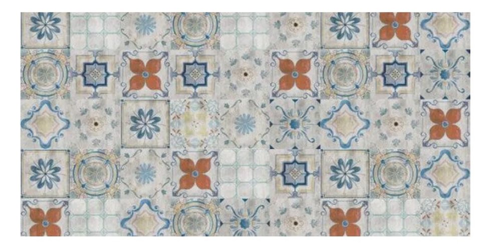 2' X 5' Gray Blue And Rust Mosaic Tile Printed Vinyl Area Rug With UV Protection