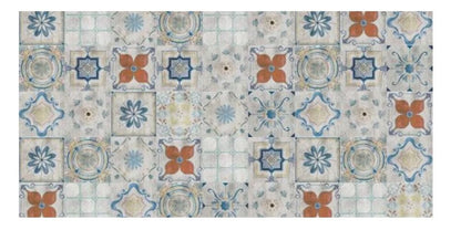 2' X 5' Gray Blue And Rust Mosaic Tile Printed Vinyl Area Rug With UV Protection