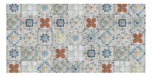 2' X 5' Gray Blue And Rust Mosaic Tile Printed Vinyl Area Rug With UV Protection