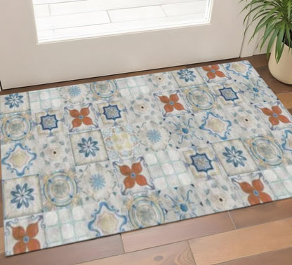 2' X 5' Gray Blue And Rust Mosaic Tile Printed Vinyl Area Rug With UV Protection