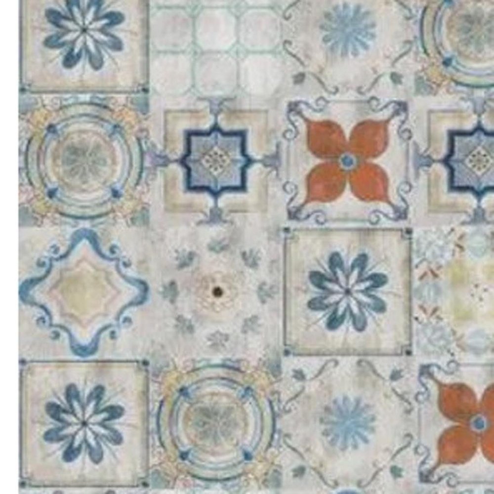 2' X 5' Gray Blue And Rust Mosaic Tile Printed Vinyl Area Rug With UV Protection
