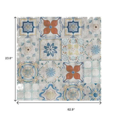 2' X 5' Gray Blue And Rust Mosaic Tile Printed Vinyl Area Rug With UV Protection
