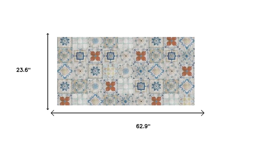 2' X 5' Gray Blue And Rust Mosaic Tile Printed Vinyl Area Rug With UV Protection