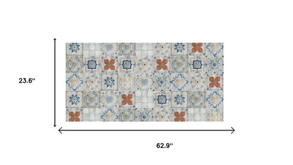 2' X 5' Gray Blue And Rust Mosaic Tile Printed Vinyl Area Rug With UV Protection