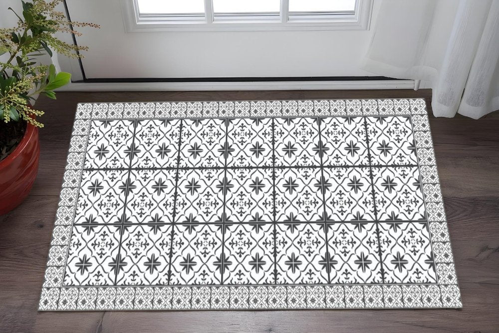2' X 4' Dark Gray And White Tile Printed Vinyl Area Rug with UV Protection