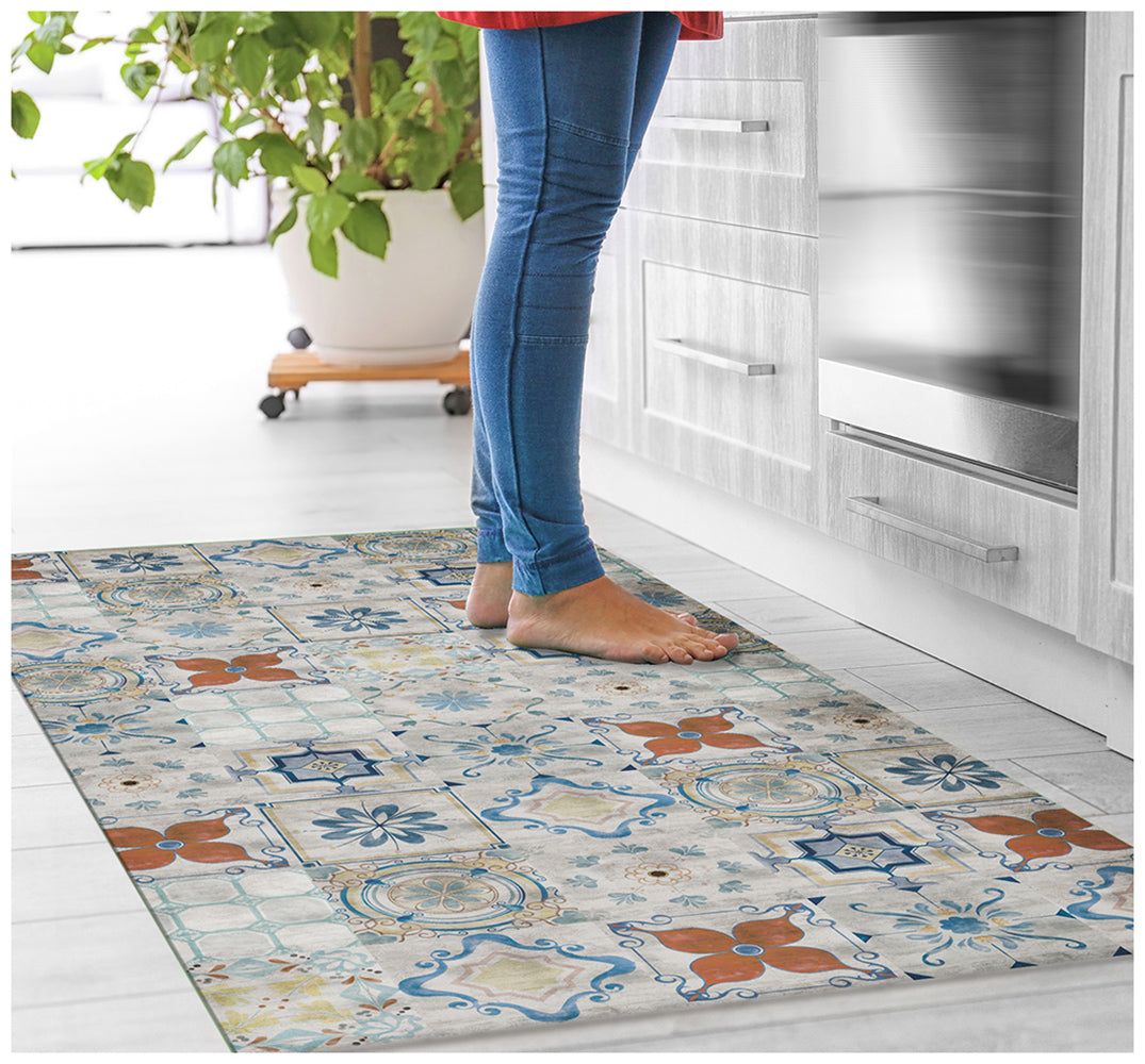 2' X 4' Gray Blue And Rust Mosaic Tile Printed Vinyl Area Rug With UV Protection