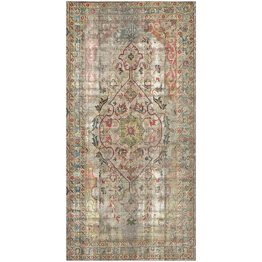 2' X 4' Red Brown And Blue Moroccan Printed Vinyl Area Rug With UV Protection