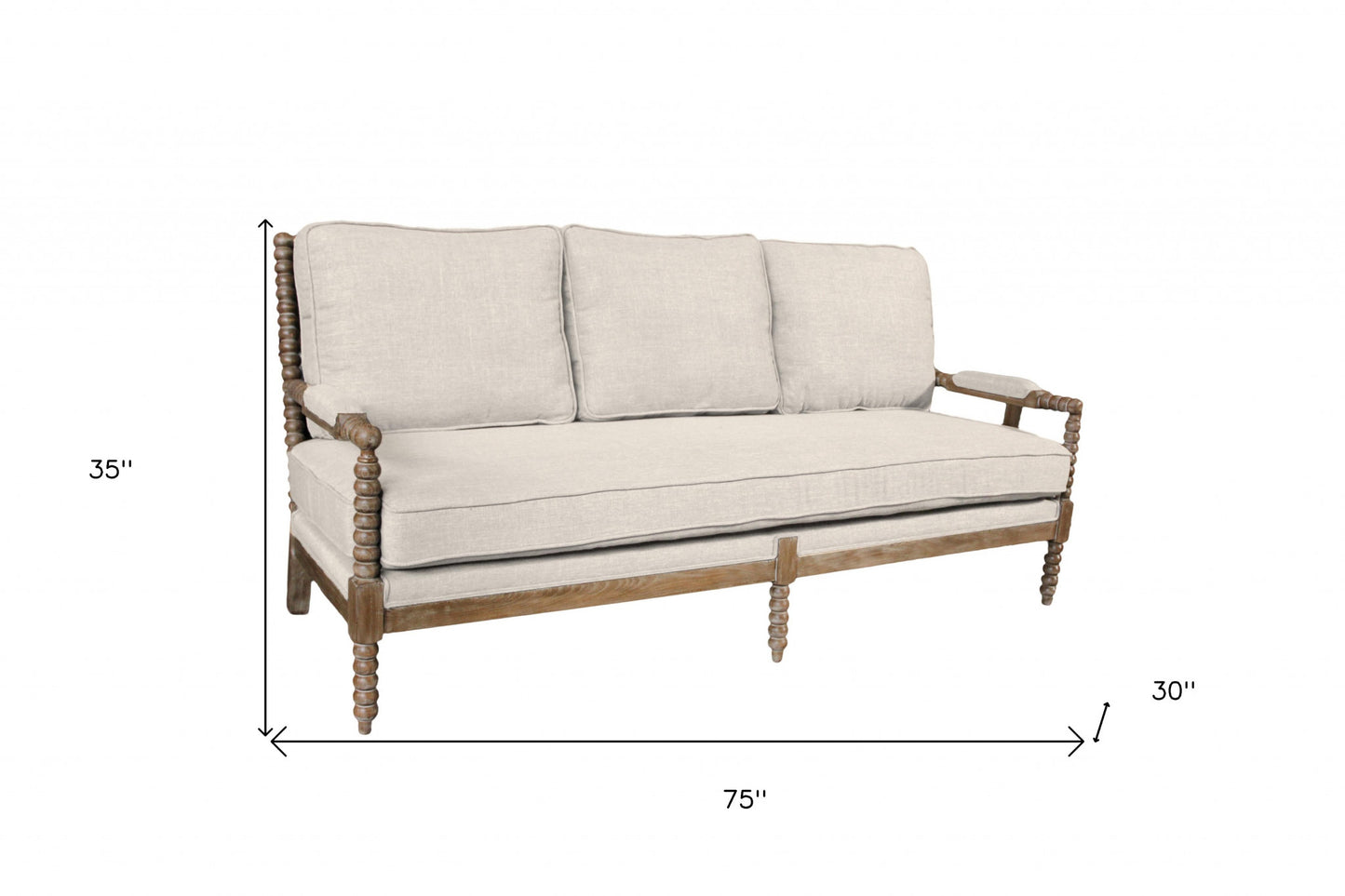 75" Ivory Linen Blend Sofa With Brown Legs