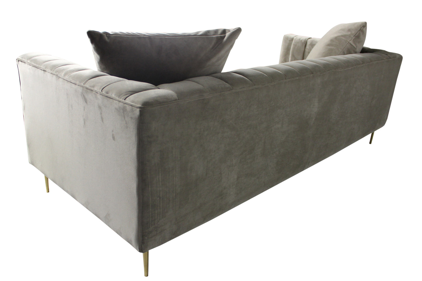 90" Gray Brown Velvet Sofa And Toss Pillows With Gold Legs