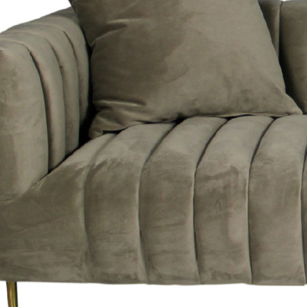 90" Gray Brown Velvet Sofa And Toss Pillows With Gold Legs