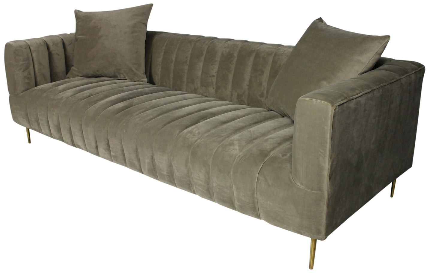 90" Gray Brown Velvet Sofa And Toss Pillows With Gold Legs
