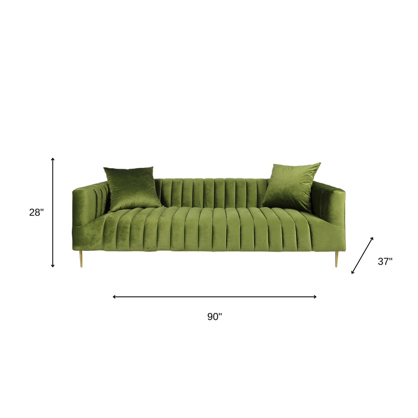 90" Olive Green Velvet Sofa And Toss Pillows With Gold Legs