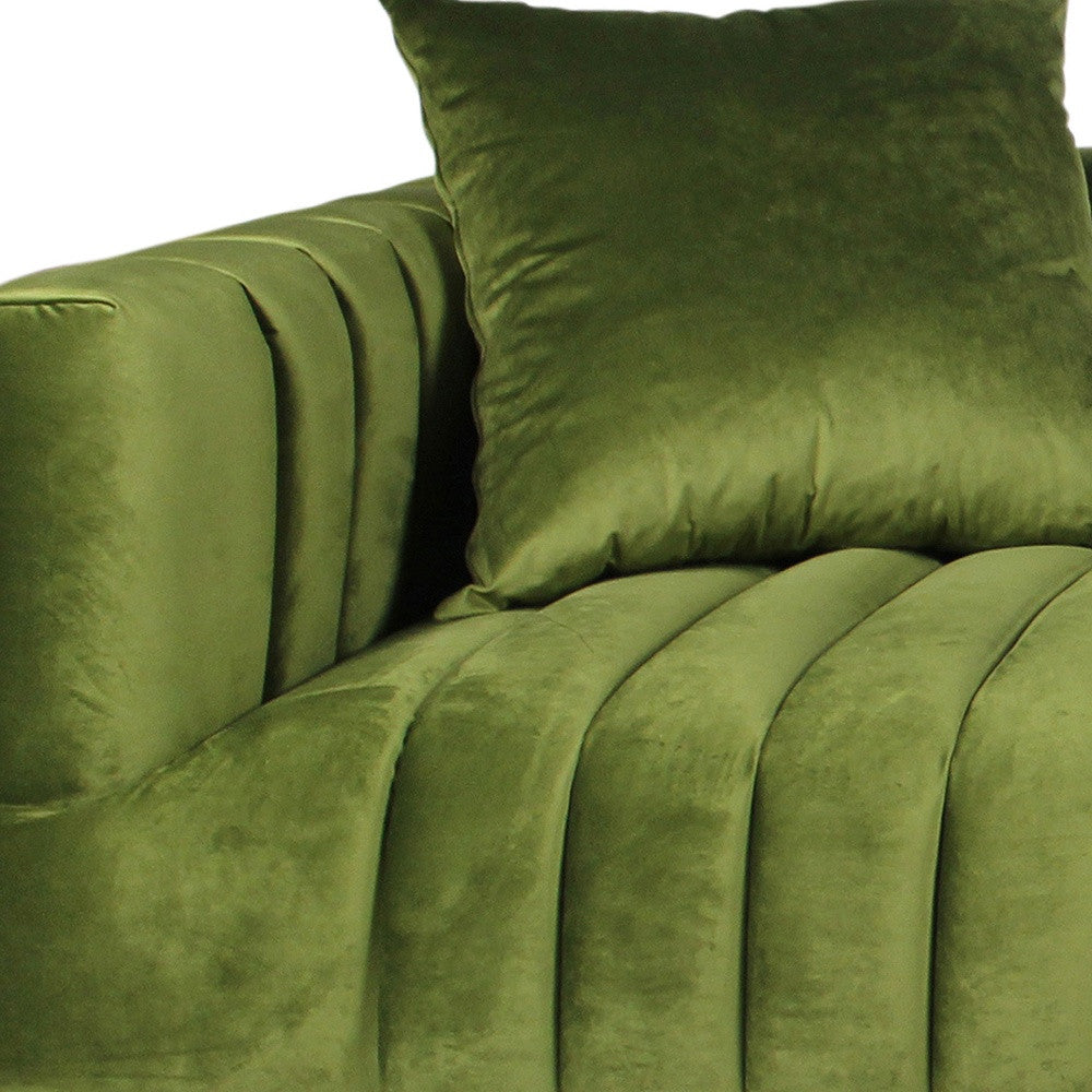 90" Olive Green Velvet Sofa And Toss Pillows With Gold Legs