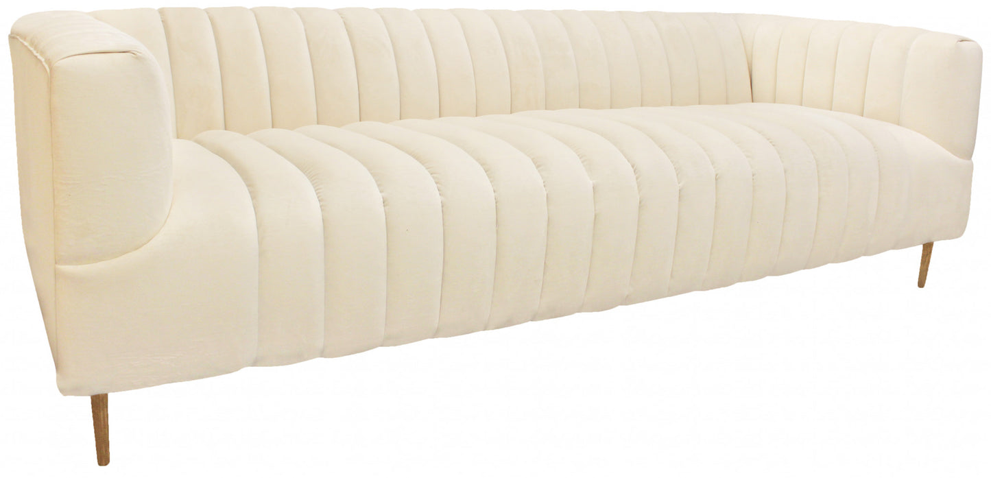 90" Ivory Velvet Sofa And Toss Pillows With Gold Legs