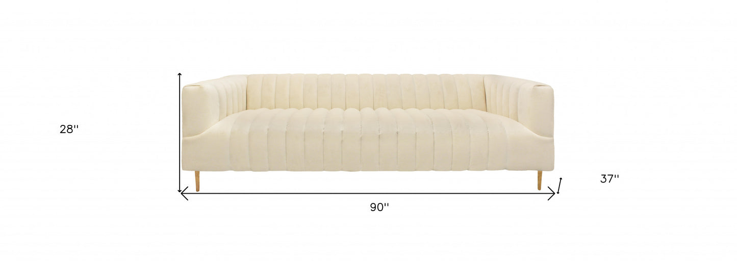 90" Ivory Velvet Sofa And Toss Pillows With Gold Legs