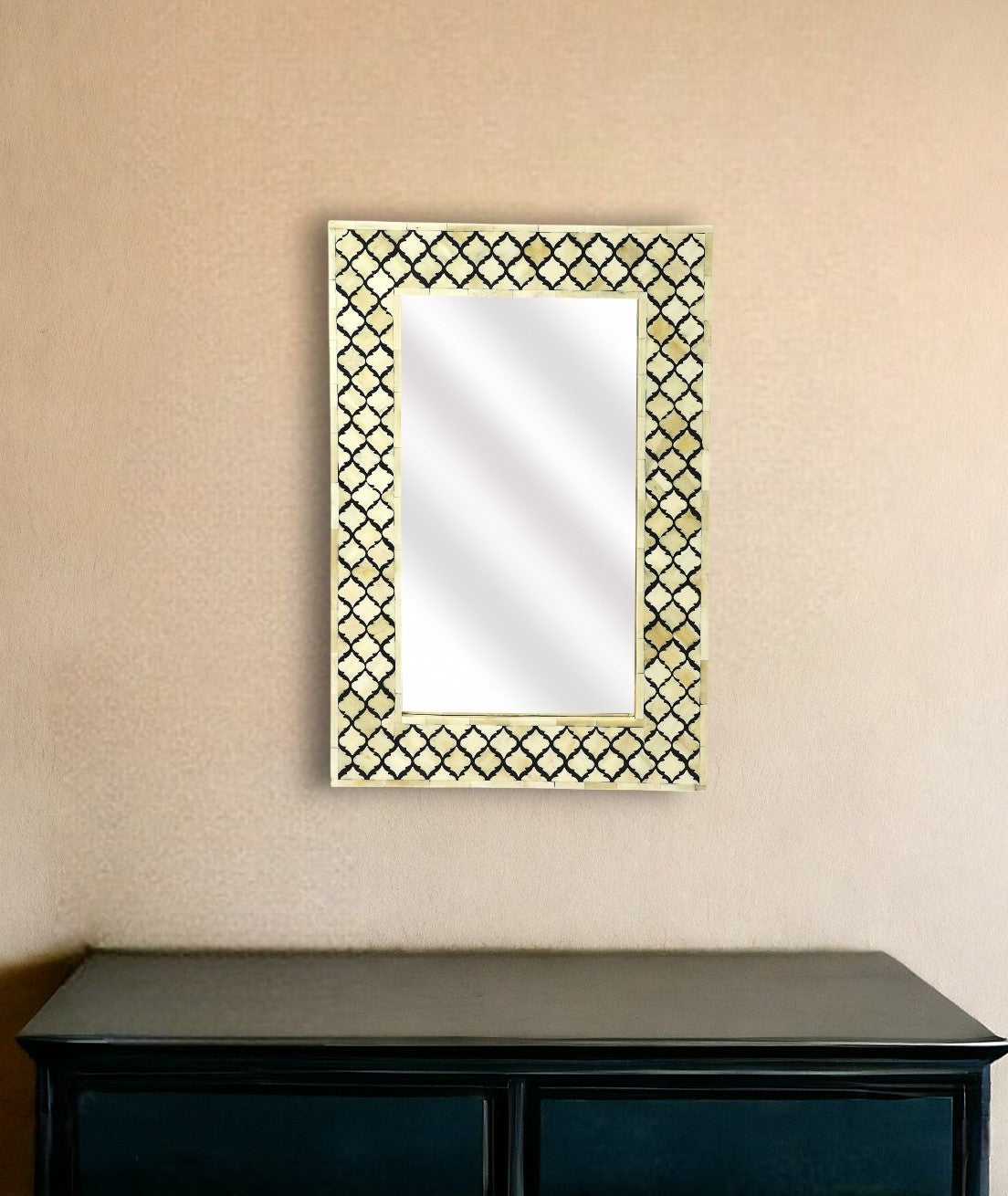 24" Ivory and Black Quatrefoil Bone Inlay Framed Wall Mirror