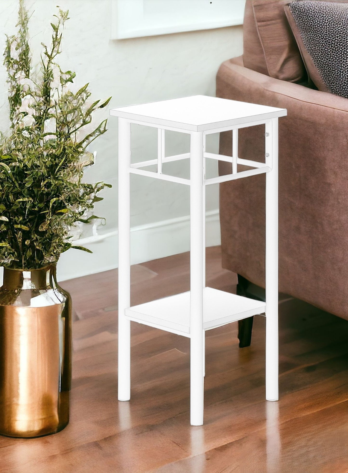 28" White Square End Table With Shelf