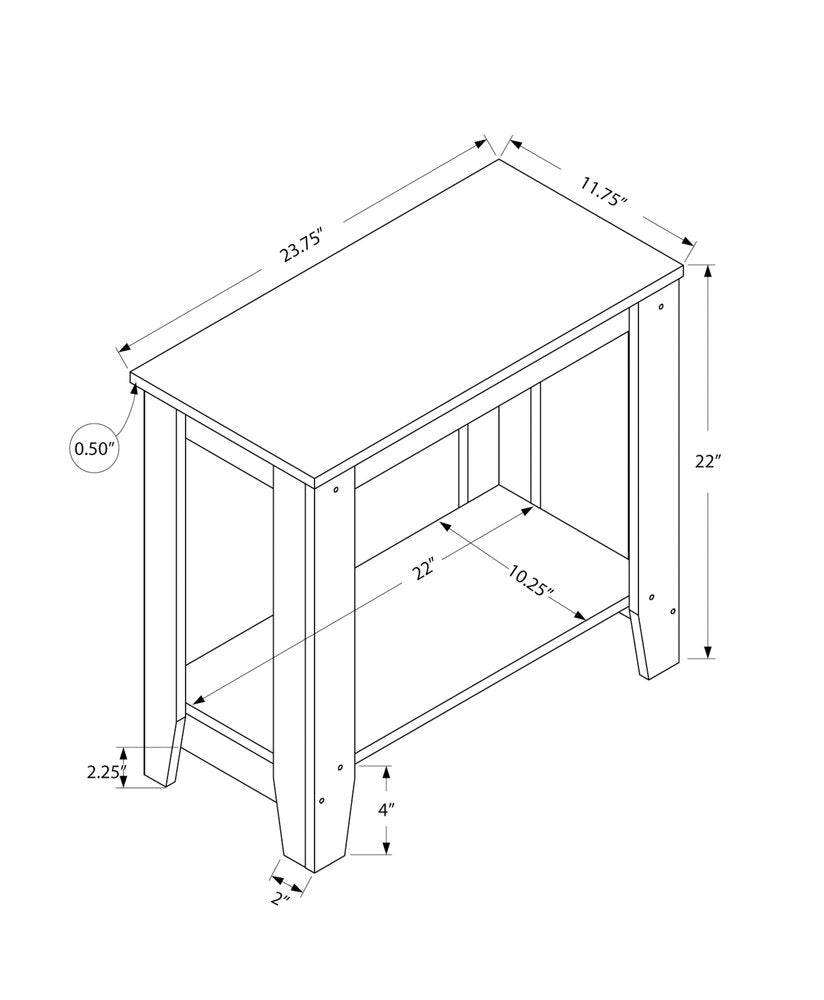 Natural wood coffee table with lower shelf, rectangular top approx 23.75 x 11.75 in, tapered legs.