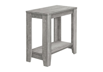 Weathered gray wood end table with lower shelf, rustic farmhouse style.