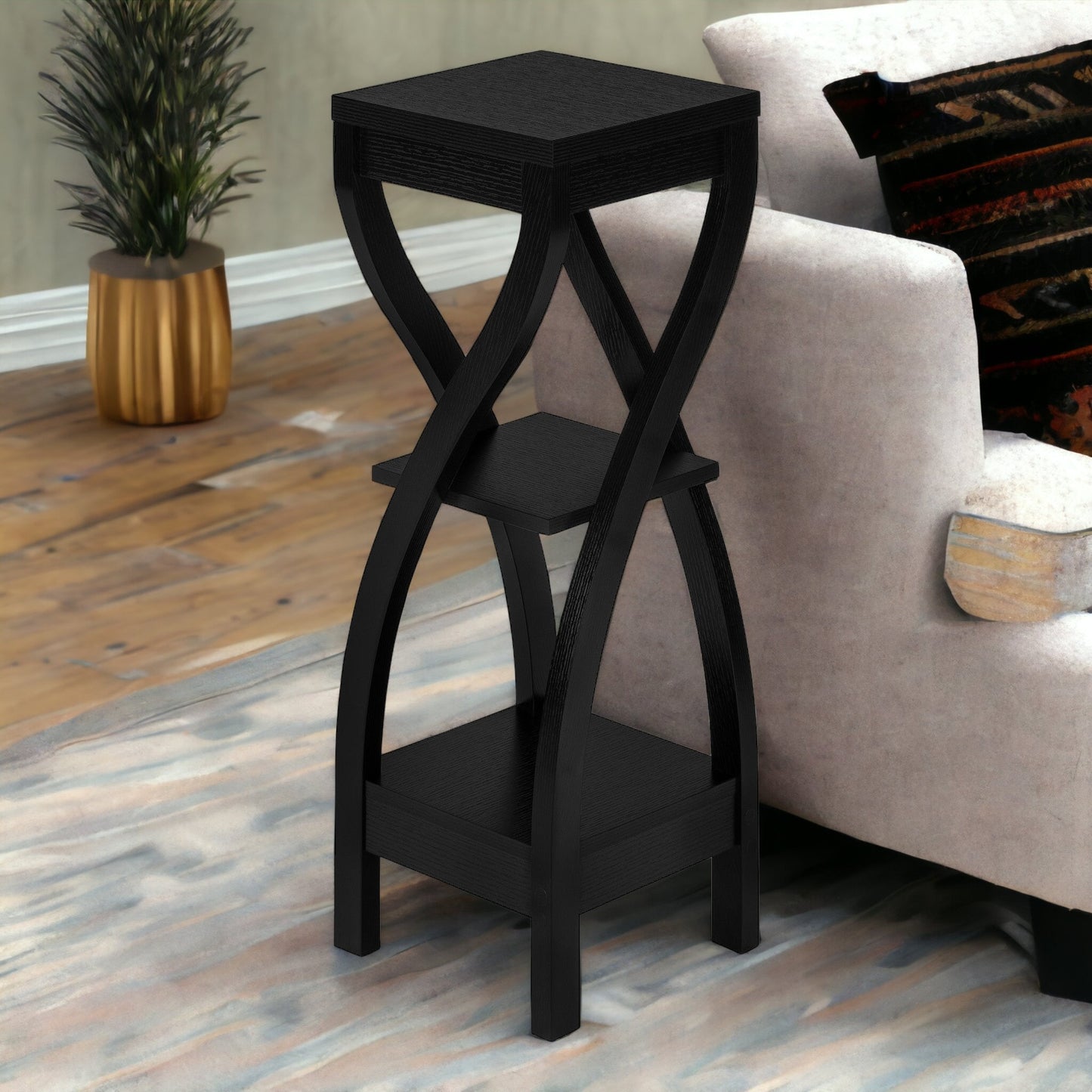 32" Black Wood Square End Table With Two Shelves