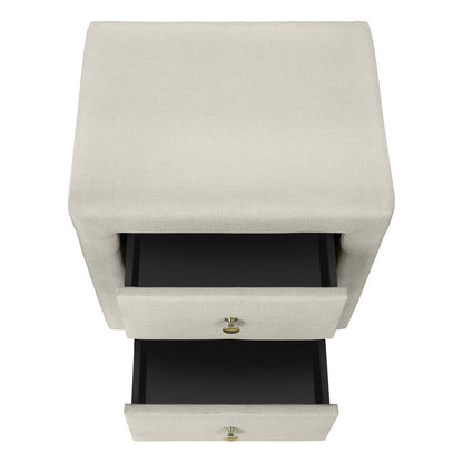Beige linen fabric two-drawer nightstand with brass knobs and black drawer interiors, modern cube design