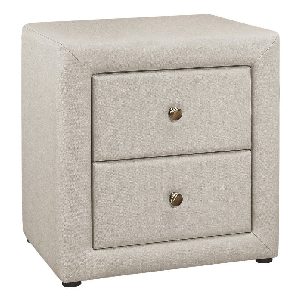 Beige upholstered two-drawer nightstand with round metal knobs; modern boxy design.