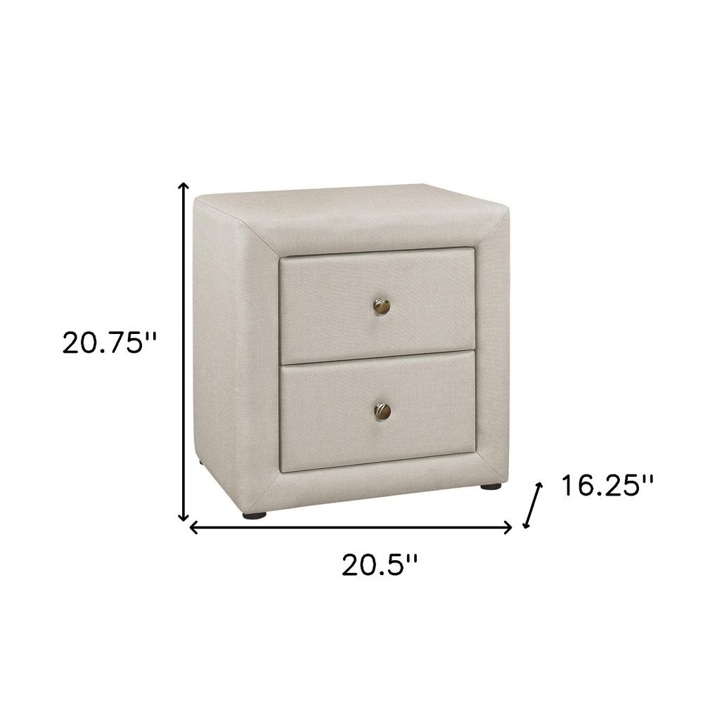 Beige wood two-drawer nightstand with round metal knobs, compact square modern bedside table.