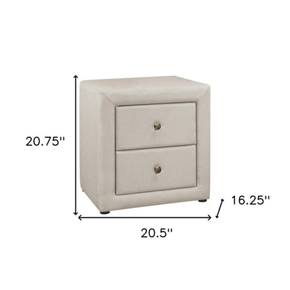 Beige wood two-drawer nightstand with round metal knobs, compact square modern bedside table.