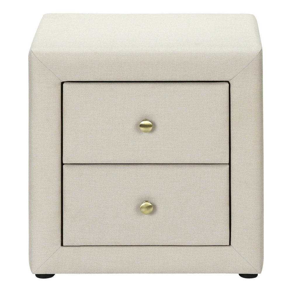 Beige wood two-drawer nightstand with brass knobs and a framed front.