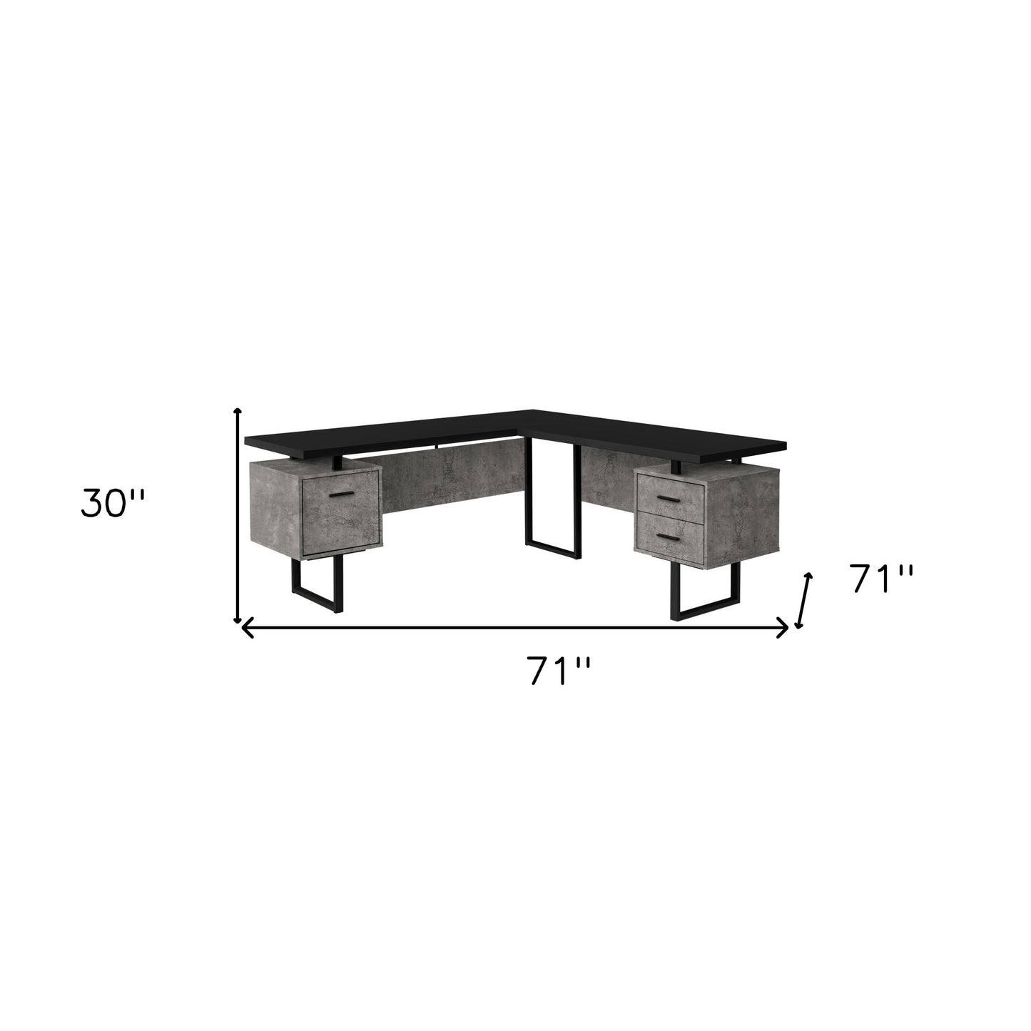 71" Black L Shape Computer Desk With Three Drawers