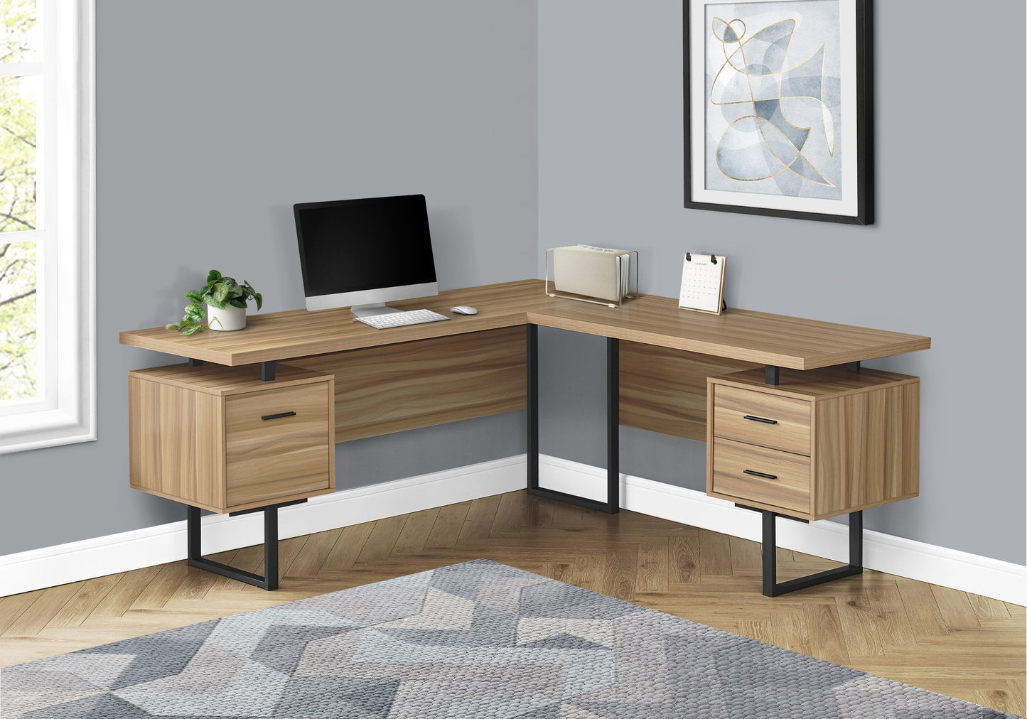 71" Brown and Black L Shape Computer Desk With Three Drawers