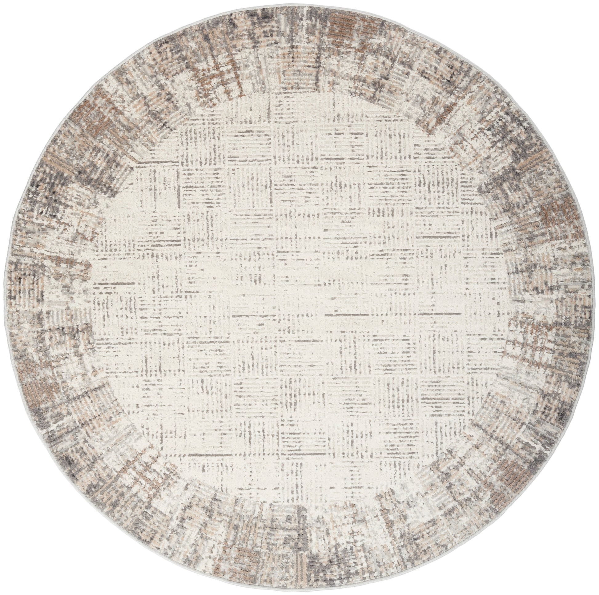 Round woven rug with cream center and distressed taupe-brown border; vintage geometric pattern for living room decor.