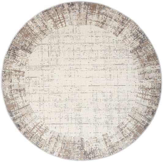 Round woven rug with cream center and distressed taupe-brown border; vintage geometric pattern for living room decor.