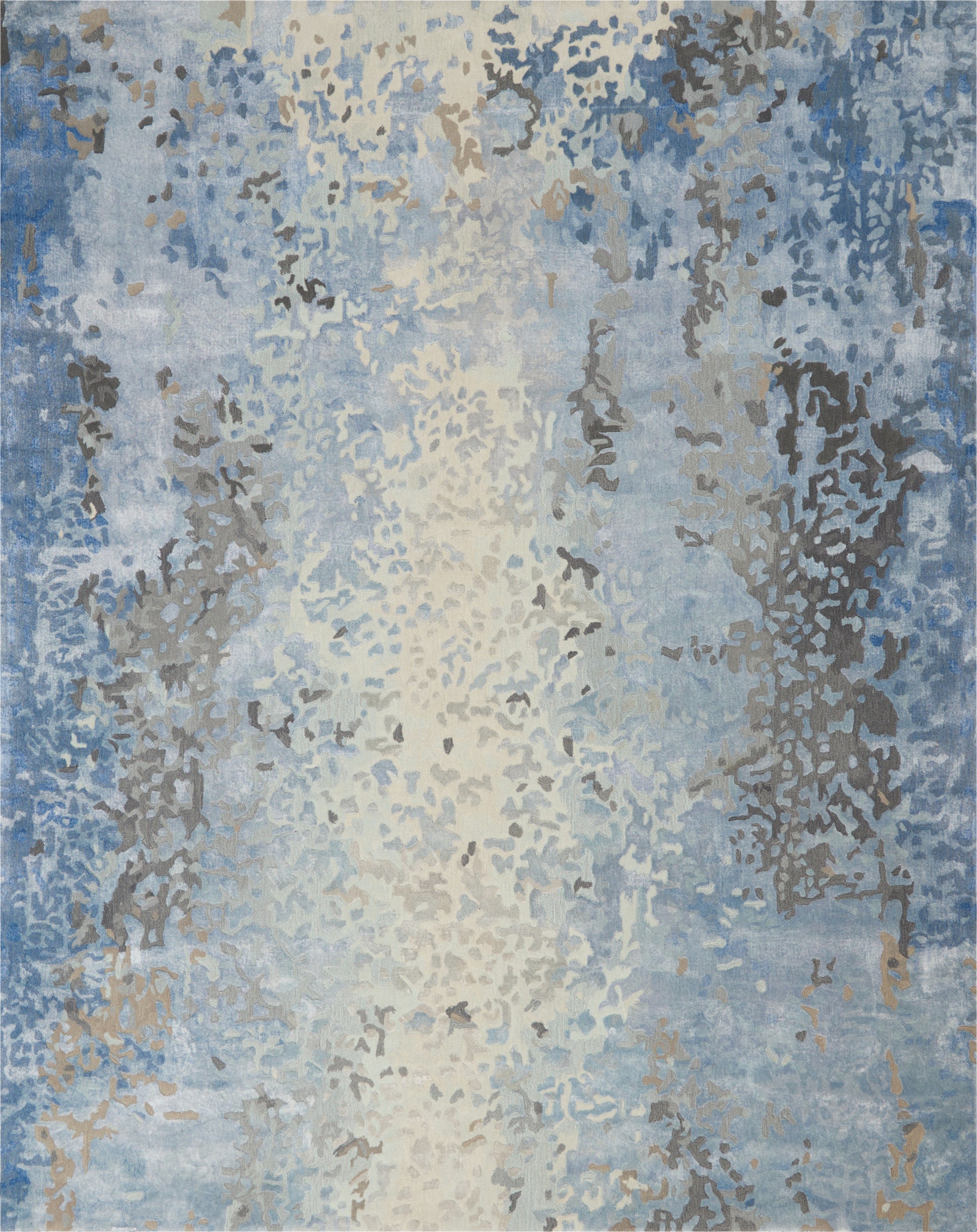 Rectangular abstract area rug in blue, cream and taupe with distressed pattern; soft, modern decor accent.