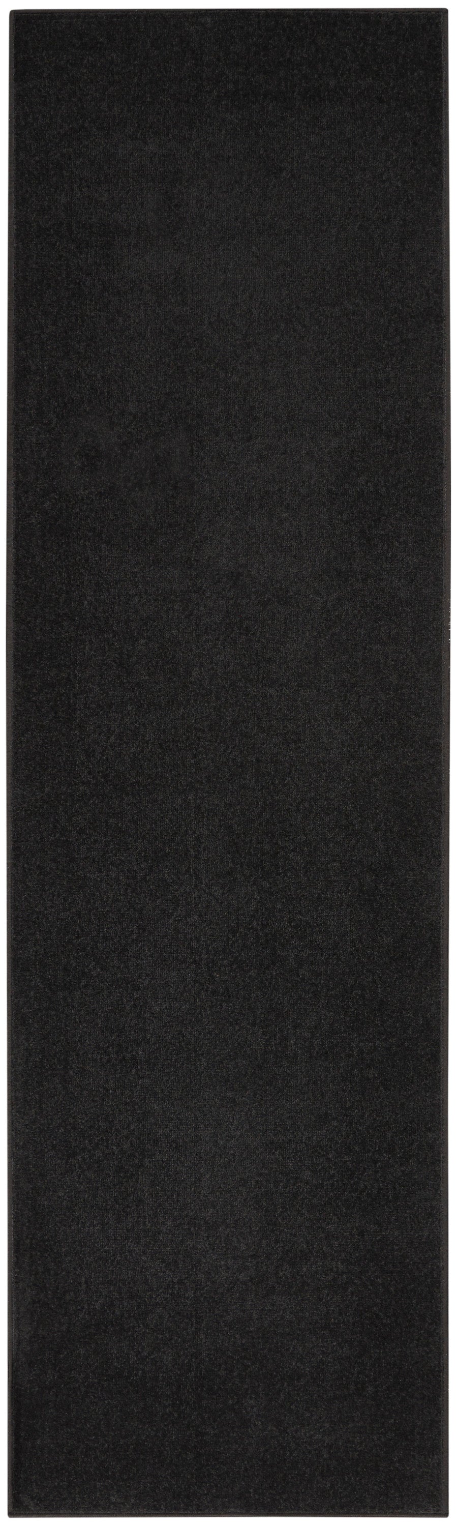 Black rectangular outdoor rug runner with textured surface & slim border.
