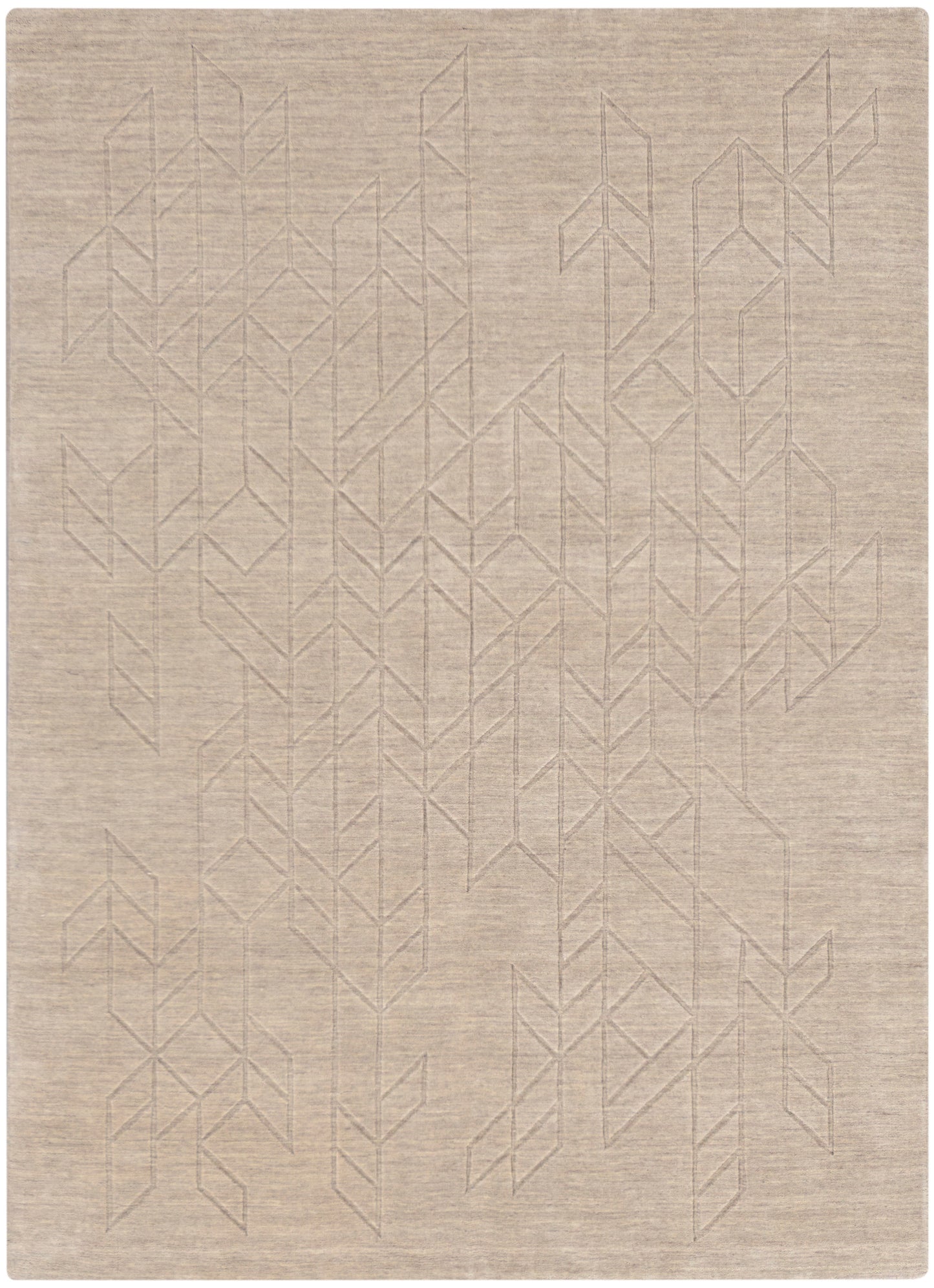 Beige woven rug with subtle geometric chevron lines, rectangular neutral decor for living room or bedroom.