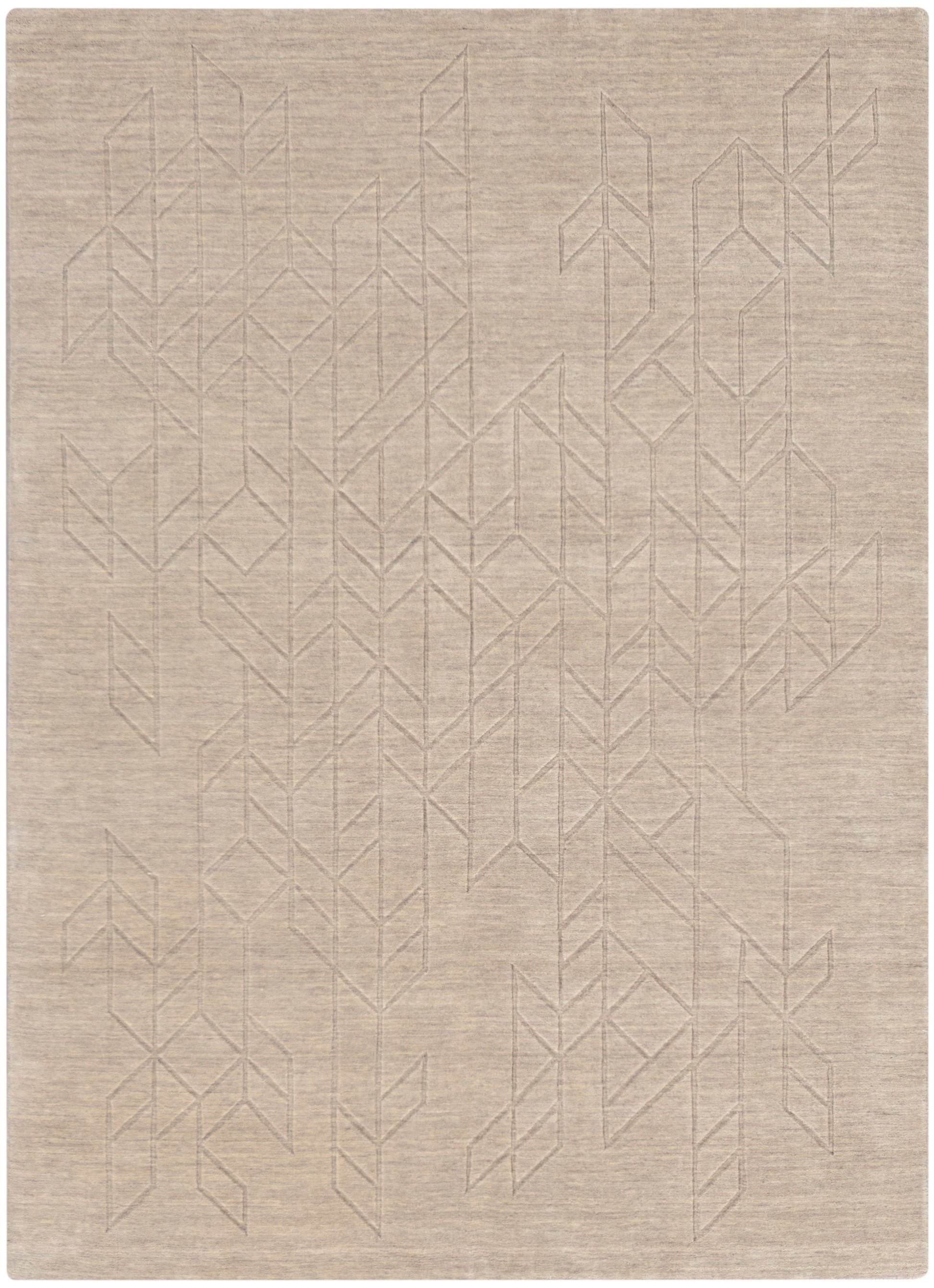 Beige woven rug with subtle geometric chevron lines, rectangular neutral decor for living room or bedroom.