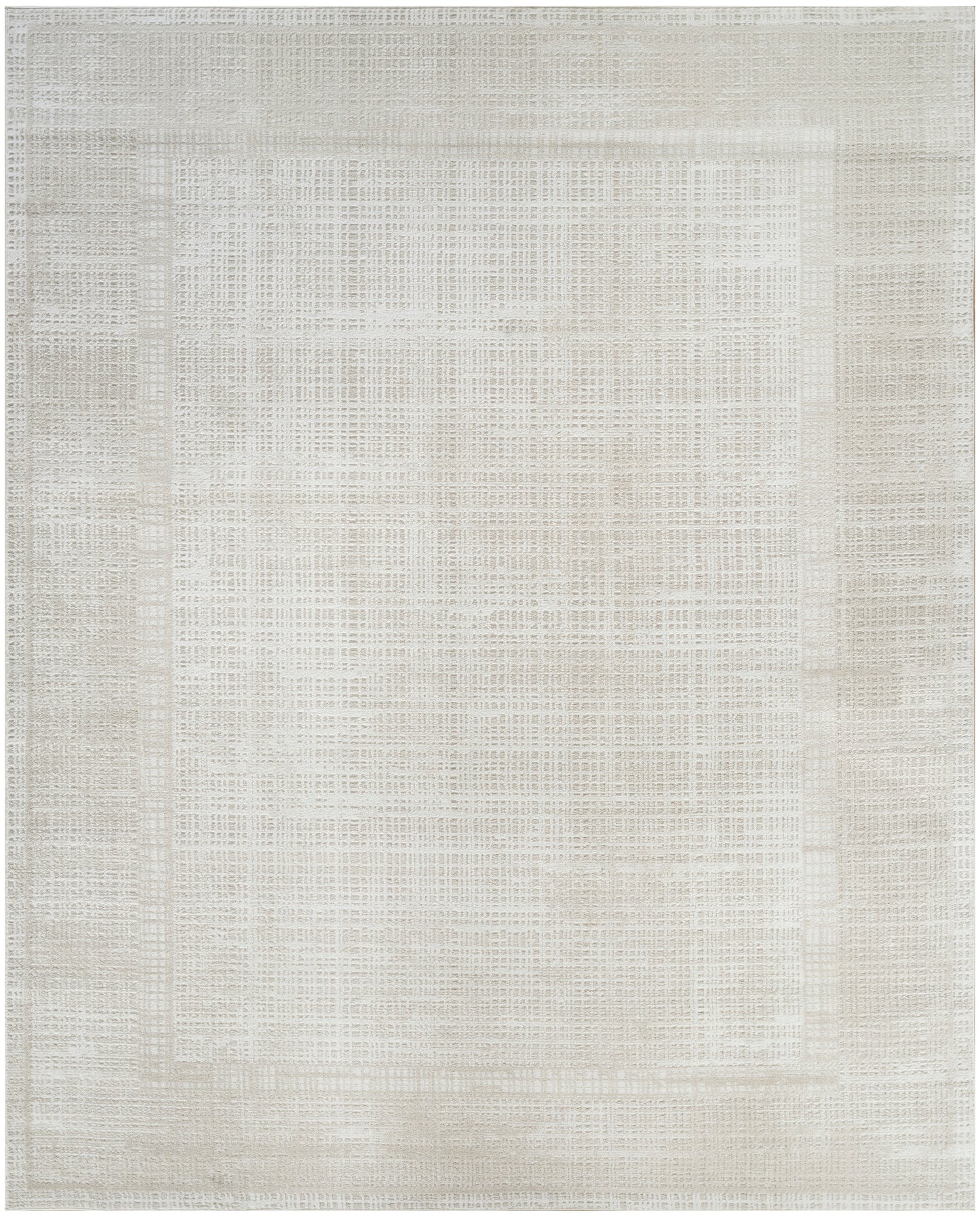 Rectangular beige woven rug with subtle darker border and linen texture.