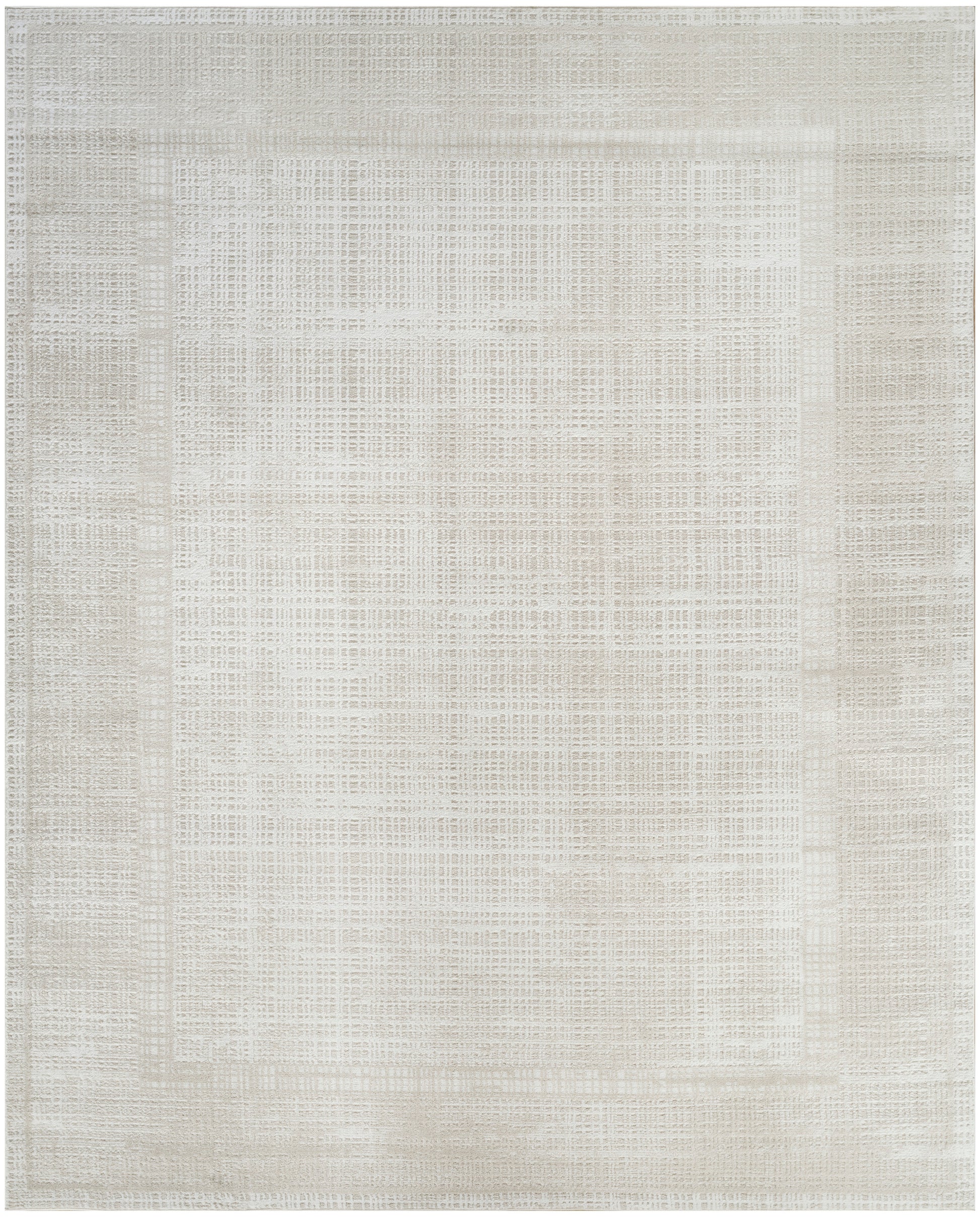 Rectangular beige woven rug with subtle darker border and linen texture.